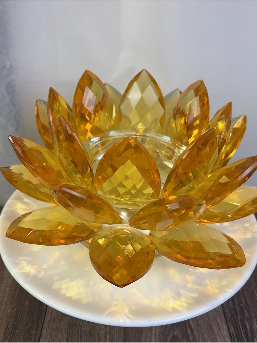Vintage Sorelle Amber Lead Crystal Glass Teardrop Lotus Blossom Candle Holder